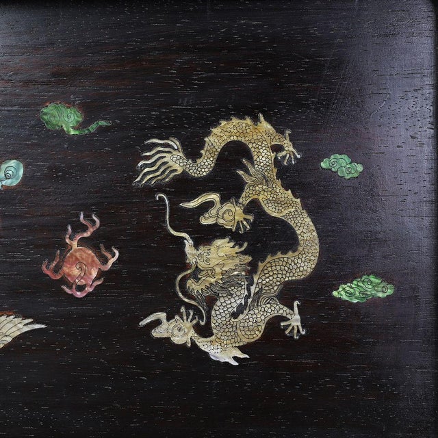 Vintage Chinese Rosewood Tea Tray | Mother-of-Pearl Inlaid Dragon & Phoenix Motif For Sale In Los Angeles - Image 6 of 9