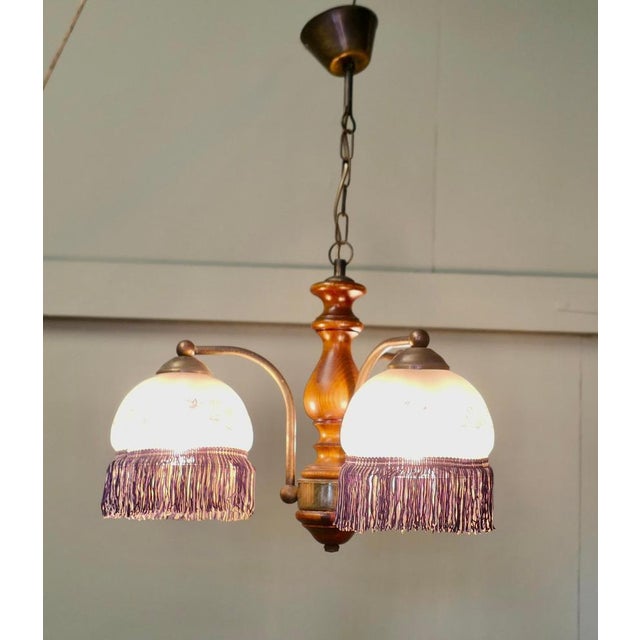 French Triple Fringed Glass Ceiling Pendant An excellent quality piece the light frame is made in brass and turned wood,...