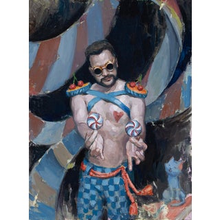 Sweetman by Nadezda | Oil on panel Male figure in sunglasses juggling lollipops with a playful background. For Sale