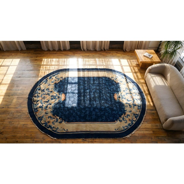 1900s Navy Blue Floral Antique Chinese Peking Rug 6'2" X 8'10" Knotted Wool Carpet For Sale - Image 11 of 12