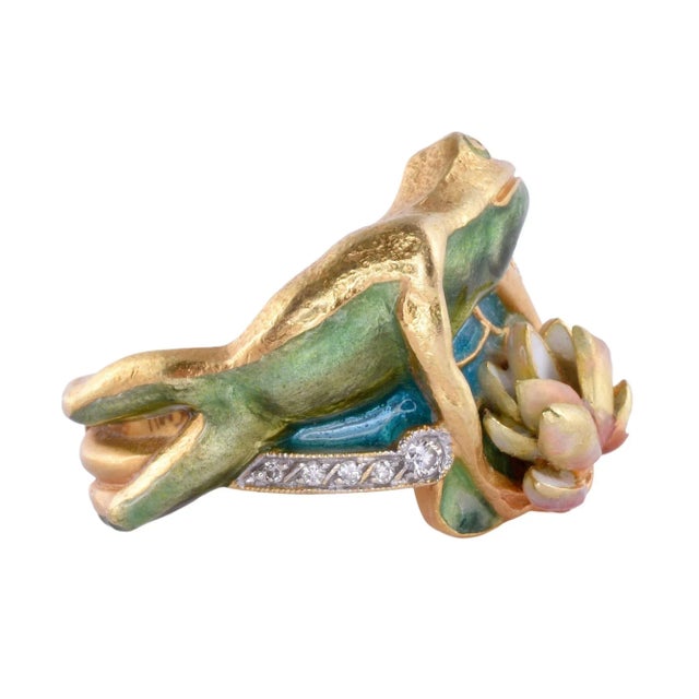 Art Nouveau 2000s Masriera 18k Enamel Frog & Water Lily Ring Size 6.5 For Sale - Image 3 of 8