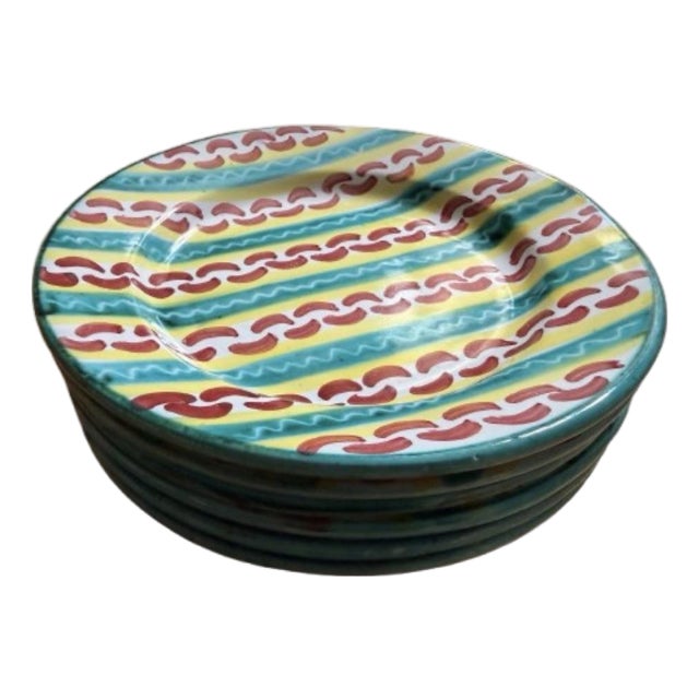 Vintage Italian Hand Painted Ceramic Plates in the Style of Mackenzie - Childs - Sets of 6 For Sale