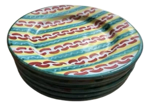 Vintage Italian Hand Painted Ceramic Plates in the Style of Mackenzie - Childs - Sets of 6