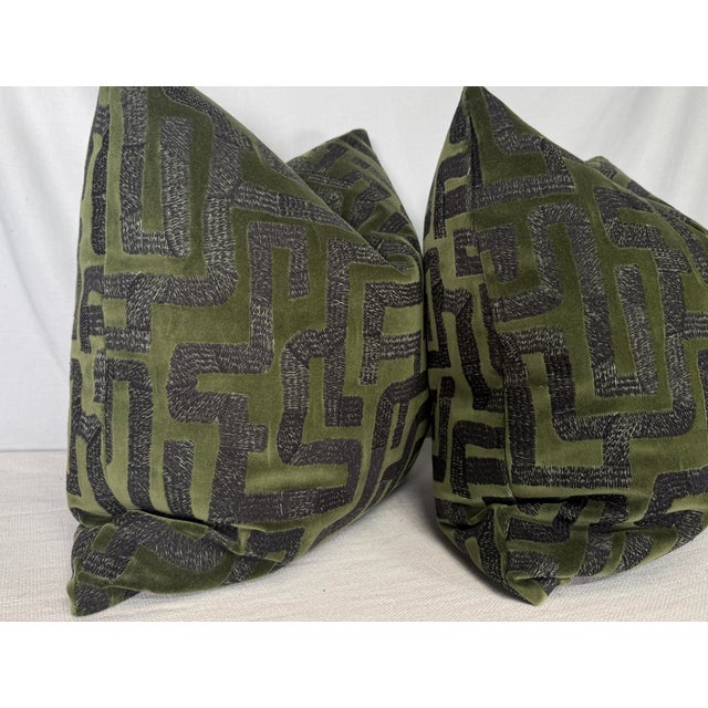 Custom pair of 22" pillows covered in Zinc Textiles "Labyrinth" in color hunting, an embroidered cotton velvet. These...