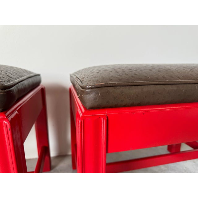 1970's Mid-Century Red Lacquered Mahogany Wood With Brown Leather Seats Ottomans - a Pair For Sale - Image 10 of 12