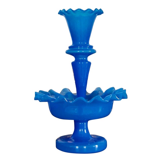 Boston & Sandwich Glass Co. Antique Blue Glass Epergne – Victorian Flower Vase, Circa 1860 For Sale