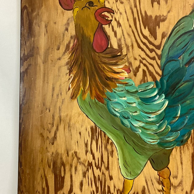 1970s Mid-Century Farmhouse Chic Original Acrylic Painting, Chicken on Pine Wood. For Sale - Image 4 of 12
