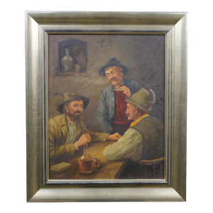 Antique Flemish Tavern Scene Oil Painting on Board Signed After David Teniers