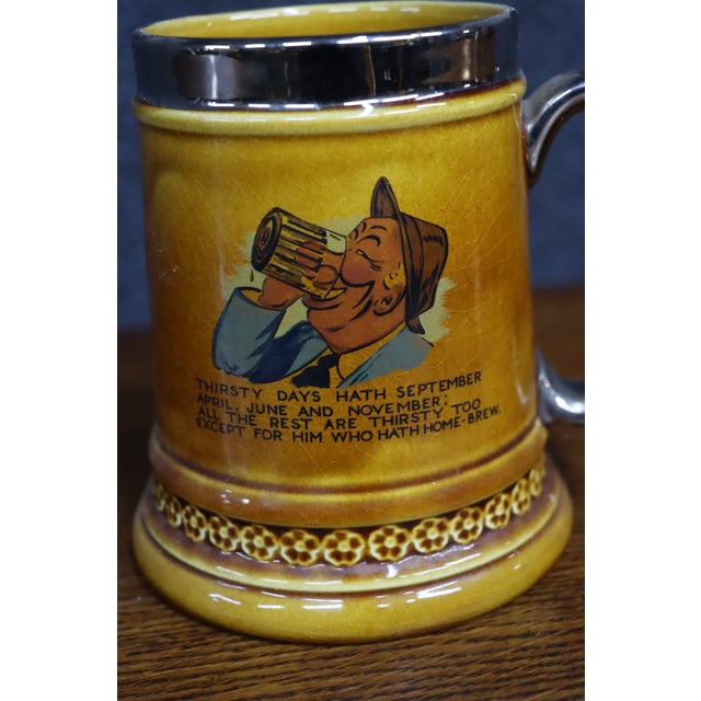 Mid 20th Century Antique-Style Yellow Ceramic Tankard With Illustrated Drinking Verse and Silver-Tone Handle For Sale - Image 5 of 13