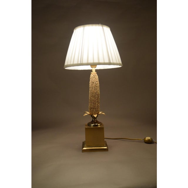 Brass Corn Table Lamp with White Pleated Shade, 1970s For Sale - Image 6 of 14