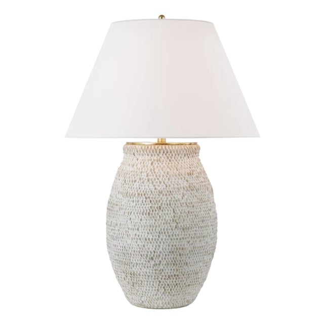 Marie Flanigan by Visual Comfort Signature Avedon Large Table Lamp in Plaster White Rattan with Linen Shade For Sale