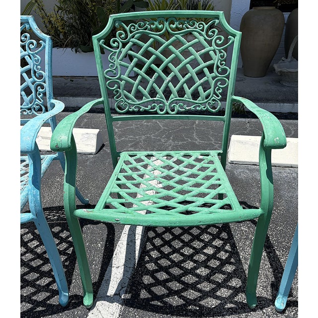 Vintage Cast Aluminum Brightly Painted Outdoor Armchairs- Set of 6 For Sale - Image 9 of 18