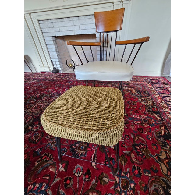 1950s 1950s MCM Hairpin Wrought Iron Upholstered Foot Stool For Sale - Image 5 of 5
