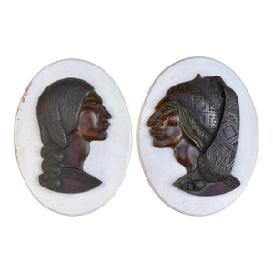 Vintage Hand-Carved Wood Plaques, Bolivian Aymara Man & Woman Folk Art, Mid-Century