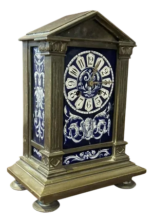 French Architectural Antique Brass Clock with Painted Panels