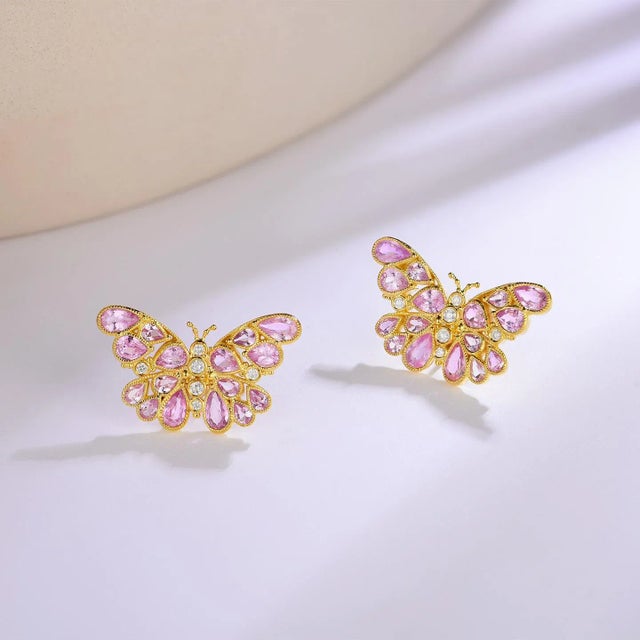 Nina Zhou Butterfly Pink Sapphire Diamond Earrings in 14k Gold - a Pair For Sale In Los Angeles - Image 6 of 6