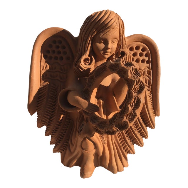Mid 20th Century Terracotta Pottery Angel Girl With Wreath Wall Sculpture Mexico For Sale