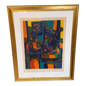 1960s Abstract French Art Still Life Color Lithograph Marcel Mouly