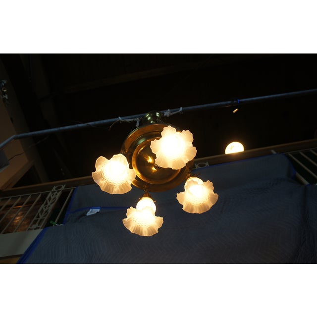 Antique Victorian Brass Ruffled Glass 4 Light Parlor Pendant Light Chandelier For Sale - Image 9 of 13