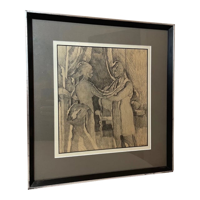 Share Vintage 1970 Original S Stirling Stylized Pencil Man Woman Couple Drawing Sketch For Sale