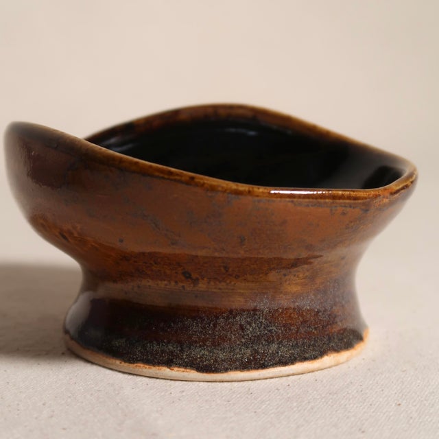 Hand-Thrown Studio Ceramic Bowl With Undulating Rim Earthy Brown and Blue Glaze on Pedestal Foot For Sale - Image 10 of 13