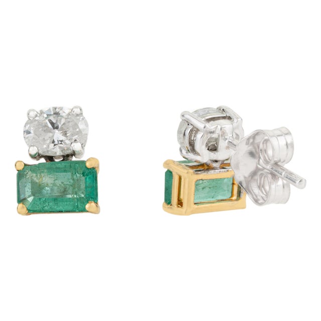Modernist Two-Tone 18k Gold Emerald & Diamond Duo Estate Stud Earrings- A Pair For Sale