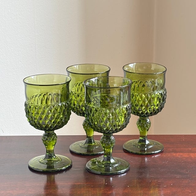1960s Avocado Green Pressed Glass Goblets — Set of 4 For Sale - Image 10 of 13