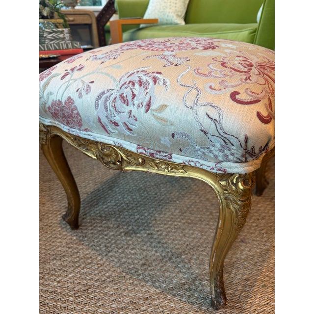 Rococo Antique Gilded Louis XV Stool in Scalamandre Dragon Tableau For Sale - Image 3 of 4