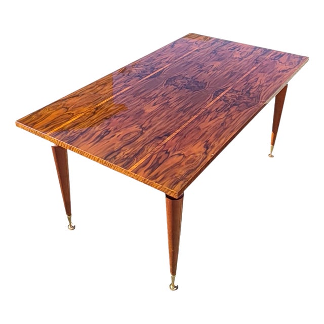 Mid-Century Modern Flamed Wood Veneer Dining Table with Brass Feet, 1960s For Sale