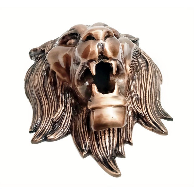 1970s Antique Copper Finish Metal Lion Head Wall Sculptures For Sale - Image 5 of 9