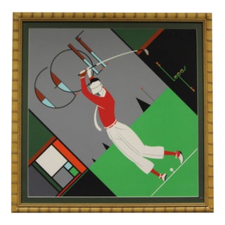 Mid 20th Century Art Deco Golfer Lithograph in Bamboo Frame For Sale