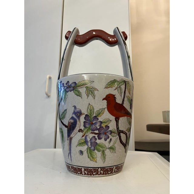 Ceramic Vintage Floral & Bird Ceramic Water Bucket Vase/Planter For Sale - Image 7 of 12