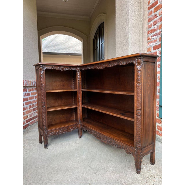 Antique French Corner Bookcase Carved Oak Louis XV Revival Open Shelves C1920 For Sale - Image 4 of 18