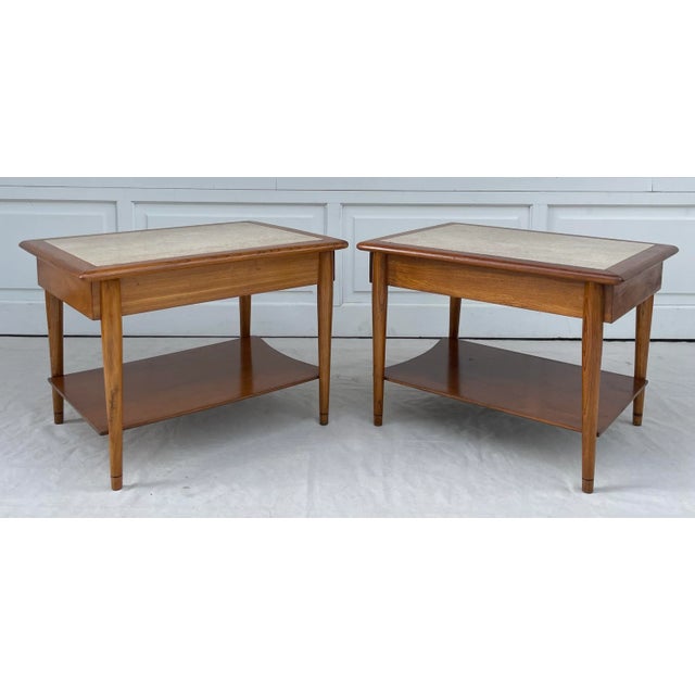 Brown Pair of Lane Perception Weave Design and Travertine Side Table Nightstands For Sale - Image 8 of 13