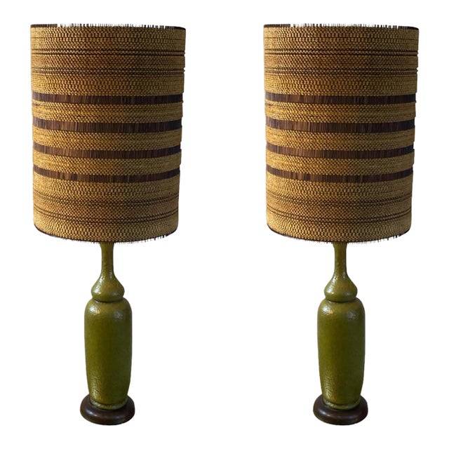 Mid Century Ceramic Lamps With Original Reed & Textile Shades - A Pair For Sale