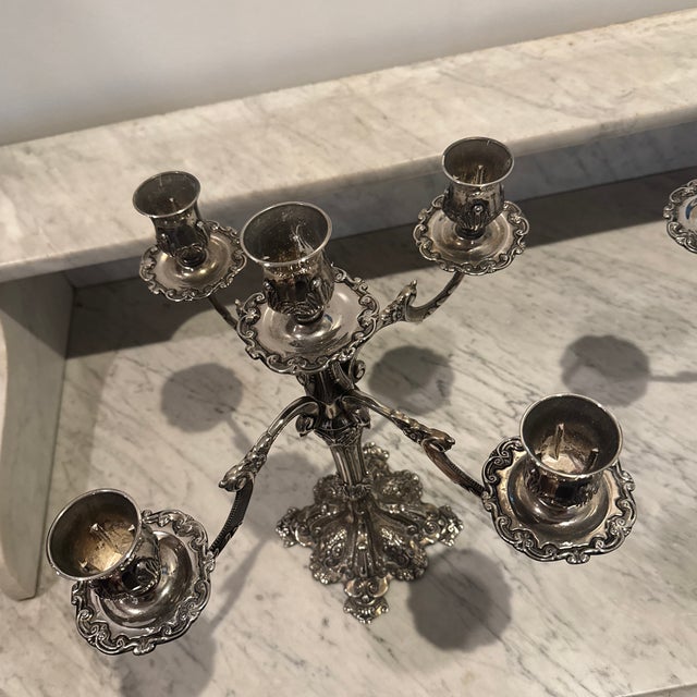 Rococo Vintage Ornate Silver Plated 5 Arm Candelabras For Sale - Image 3 of 10