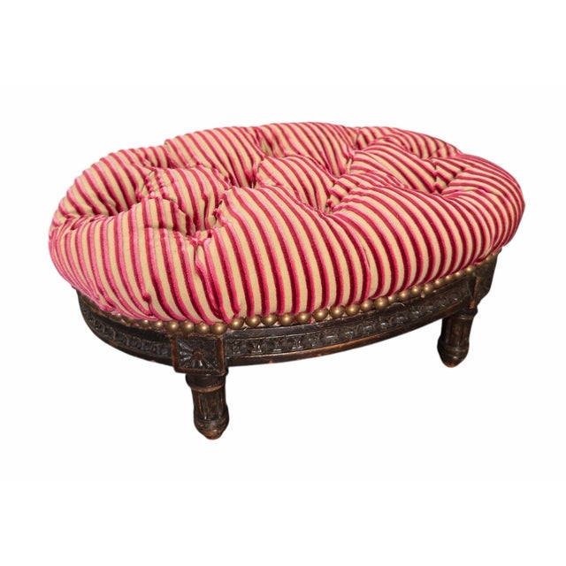 19th Century Antique Lions XVI Carved Walnut Silk Velvet Tufted Petite Footstool Ottoman For Sale - Image 5 of 5