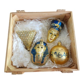 Wood Box With Hand-Blown Glass 4 Pc Egyptian Collection Ornament by Komozja For Sale