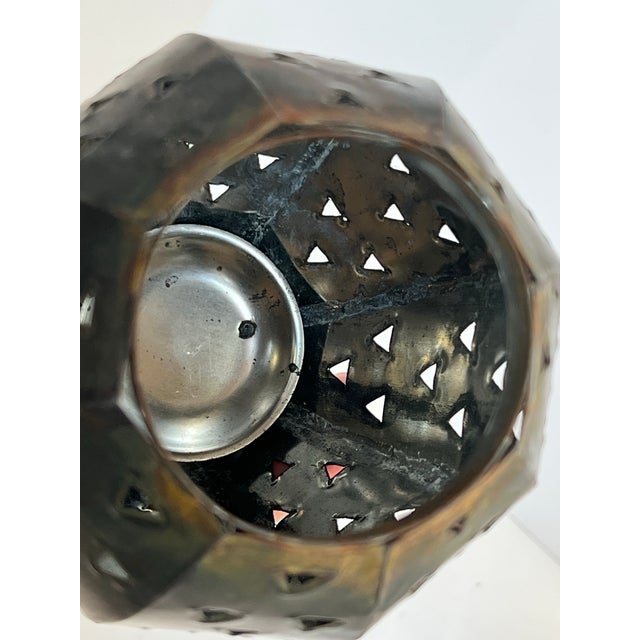 Charcoal Vintage Mexican Punched Tin Pineapple Lantern Votive Candle Holders – Hojalata Folk Art a Pair For Sale - Image 8 of 11