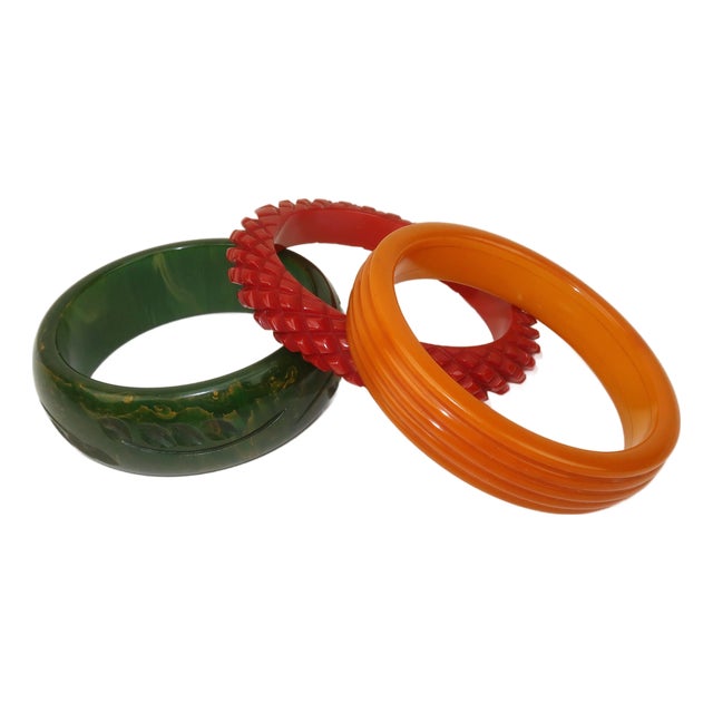 Bakelite Style 1940's Carved Bangle Bracelets, Set of 3 For Sale