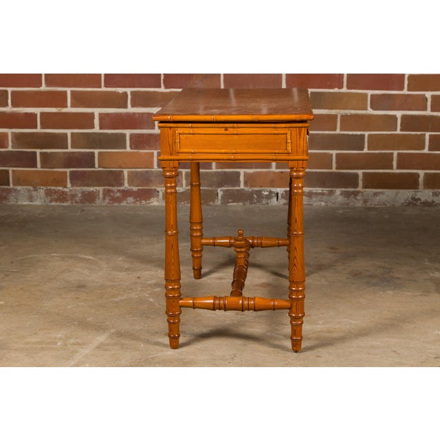Mid 20th Century English Pine Faux Bamboo Desk with Two Drawers and H-Form Cross Stretcher For Sale - Image 9 of 12