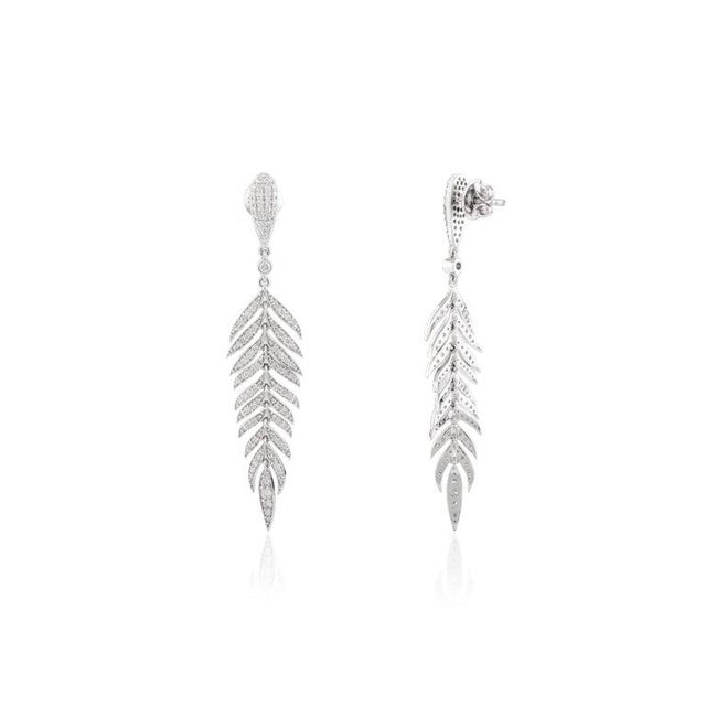 Metal Fine Diamond Flexible Feather Dangle Drop Earrings in 18k Gold For Sale - Image 7 of 11