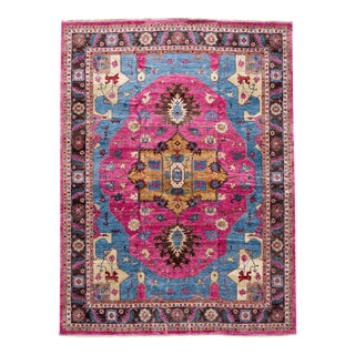 2010s Modern Colorful Indian Wool and Silk Rug With Medallion Motif For Sale