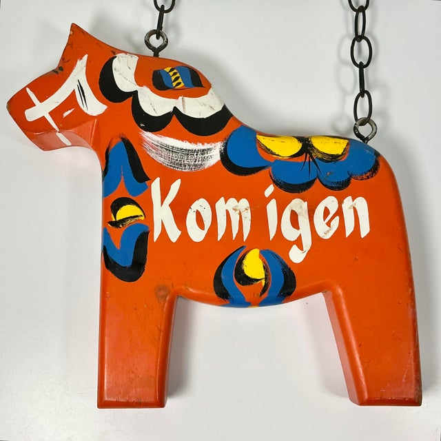 1970s 1970s Vintage Boho Chic Gustavian Swedish Dala Horse House Sign & Iron Bracket For Sale - Image 5 of 15