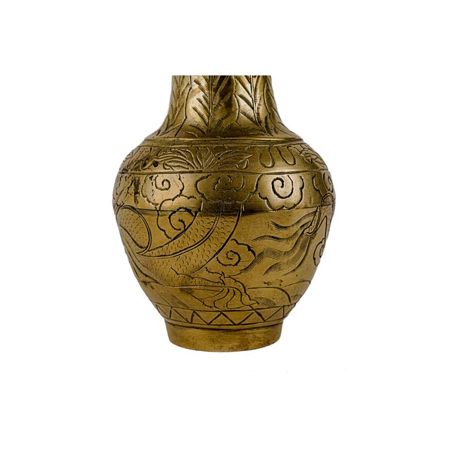 Pair of Vintage Chinese Etched Brass Vases For Sale - Image 9 of 11