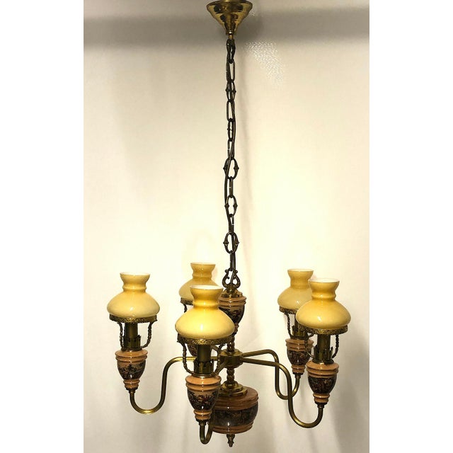 Antique Brass Ceramic Glass Five Lights Chandelier, 1930s For Sale - Image 3 of 9