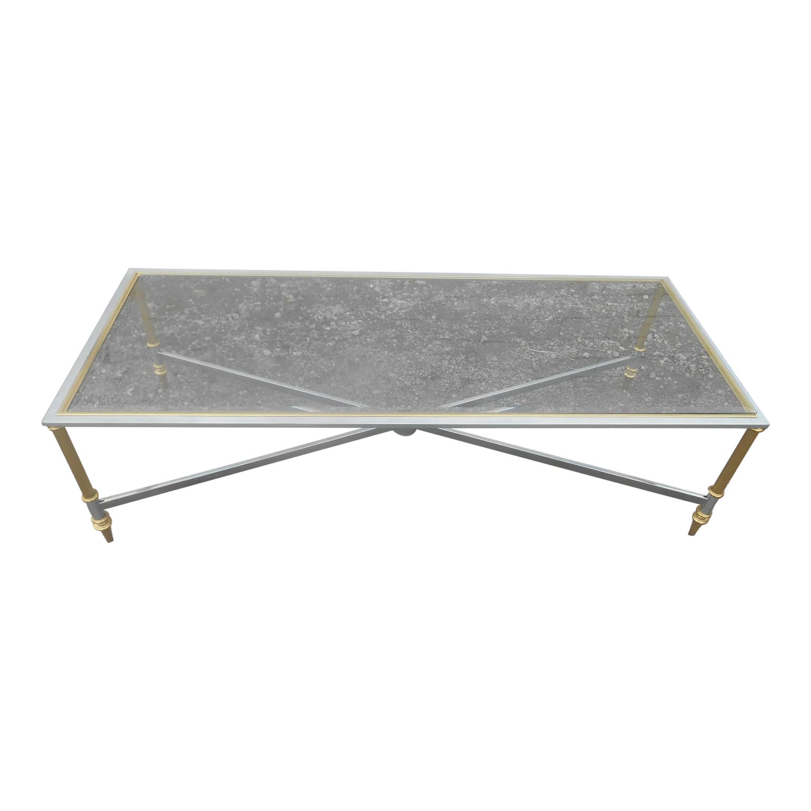 197080"s Silver Metal Coffee Table With Gold Accents and Beveled Glass