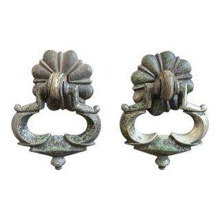 Antique Large French Brass Drawer Pulls, Pair, Ornate Rosette Bail Hardware For Sale