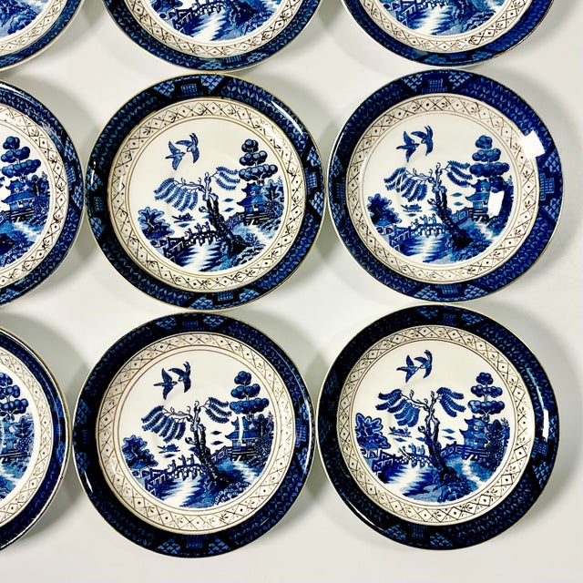 1940s Vintage Japanese Chinoiserie Hollywood Regency Blue Willow Small Plates - Set of 12 For Sale - Image 10 of 13