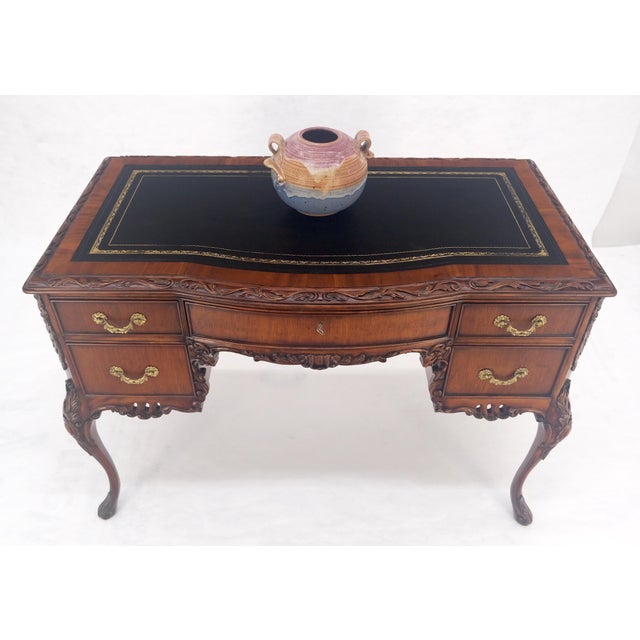Drexel Carved Mahogany Embossed Black Leather Top Petit Compact 5 Drawers Desk MINT For Sale - Image 4 of 14